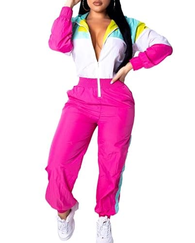 EOSIEDUR Women's Pullover Hoodies Jumpsuit Zipper Jacket Windbreaker Elastic Waistband Pants One Piece Outfits Tracksuit Set, C1# Pink, Medium