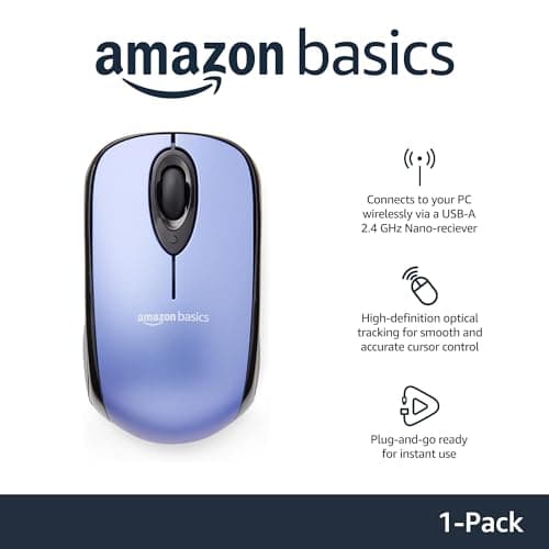 Amazon Basics 2.4 GHz Wireless Optical Computer Mouse with USB Nano Receiver, Portable, Easy Setup, Blue