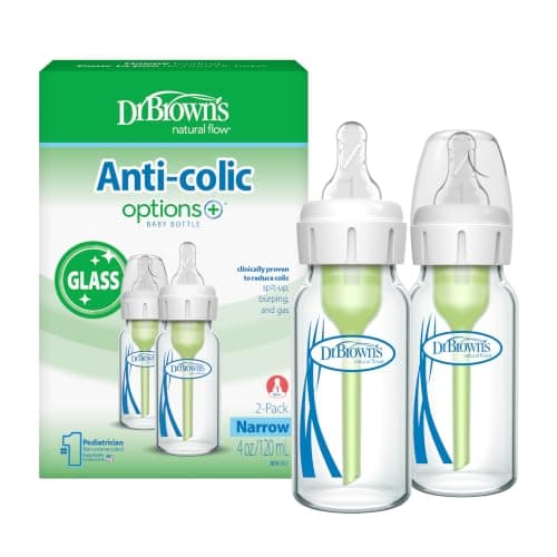 Dr. Brown’s Natural Flow Anti-Colic Options+ Narrow Glass Baby Bottles, 4oz, 2-Pack