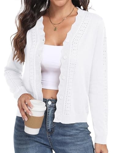 PrinStory Lightweight Long Sleeve Cardigan for Women V Neck Scalloped Edge Knit Cropped Sweater Cardigans White L