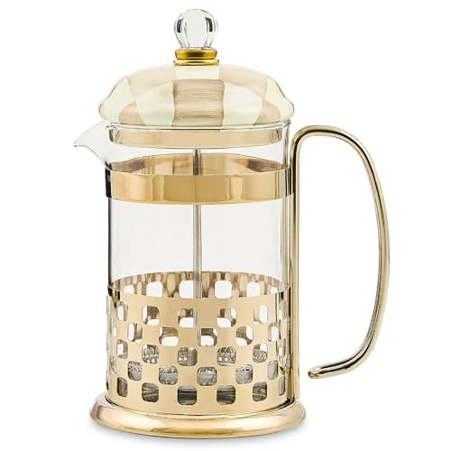 MACKENZIE-CHILDS Coffee French Press, Brown-and-White Mocha Check