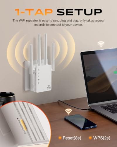 1200Mbps WiFi Extender with 4 Antennas, WiFi Extender Signal Booster with Ethernet Port and 12880Sq Ft, Easy Setup, Supports 105 Devices for Home