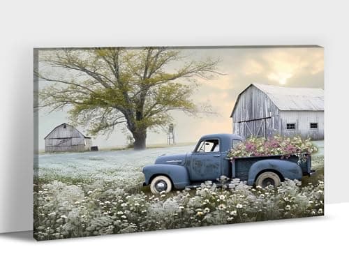 Farmhouse Wall Art, Vintage Barn and White Daisy Florals Picture Canvas Wall Art, Country Old Truck Canvas Prints, Vibrant Spring Landscape Prints for Farmhouse Living Room Wall Decor 18x24 Inches