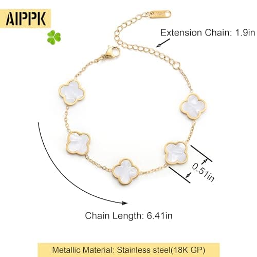 AIPPK 18K Gold Plated Clover Lucky Bracelet for Women White/Black/Red/Green Flower Four Leaf Link Bracelets Trendy Jewelry Gifts for Women (White)
