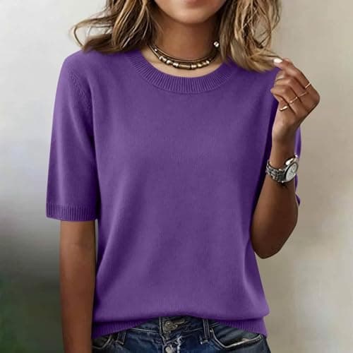 Elbow Sleeve Tops Women Loose Fit Cashmere Sweaters Crew Neck T Shirts Dressy Lightweight Half Sleeve Spring Blouses Purples X-Large