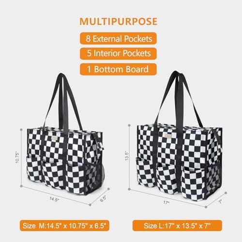 TOPDesign Utility Water Resistant Tote Bag with 13 Exterior & Interior Pockets, Top Zipper Closure & Thick Bottom Support, for Working Women, Teachers, Nurses, Accountants (Checkerboard)