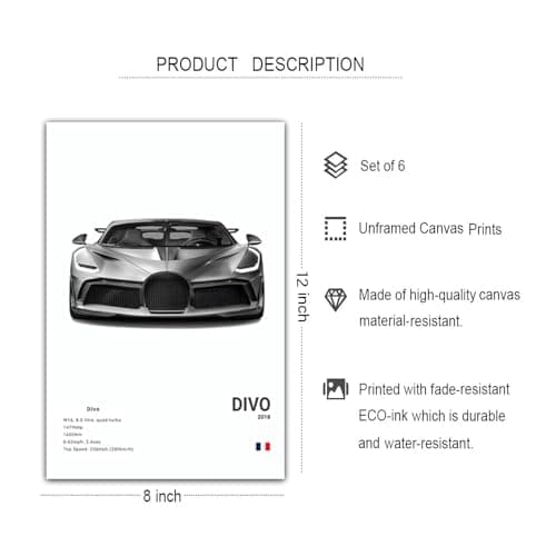 6Pcs Black & White Sports Car Posters Supercar Canvas Prints 8x12 Unframed