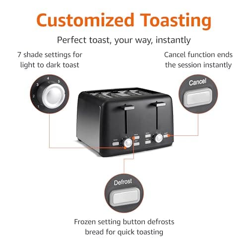 Amazon Basics 4 Slice Toaster, 7 Browning Settings, Extra Wide Slots for Bagels and Specialty Breads, Removable Crumb Tray, Cancel/Defrost/Bagel Buttons, 1500W, Black & Silver