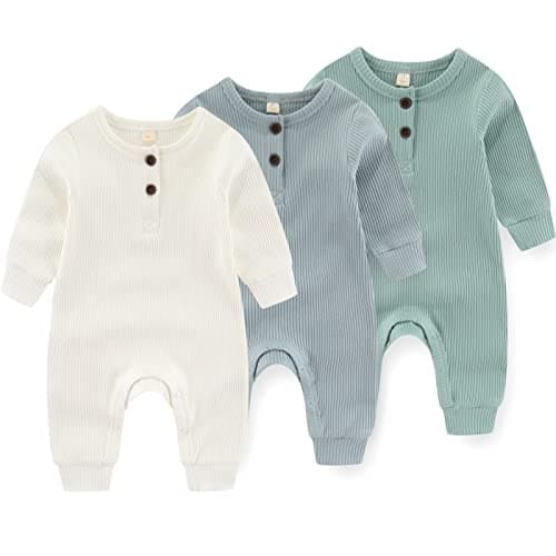 Newborn Baby Boys Girls One Piece Romper With Mitten Cuffs 3 Pack Long Sleeve Ribbed Button Jumpsuit Outfit Clothes white+blue+green 3 months