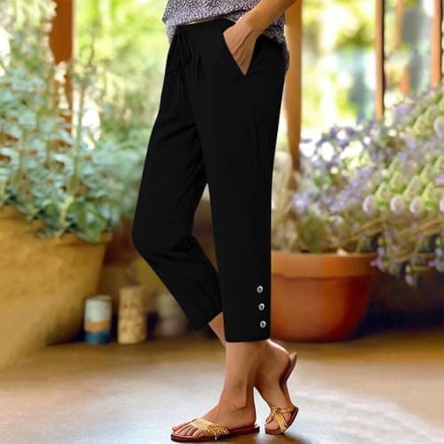 Summer Cotton Linen Capri Pants for Women High Waist Drawstring Straight Leg Capris Casual Beach Cropped Lounge Pant Black