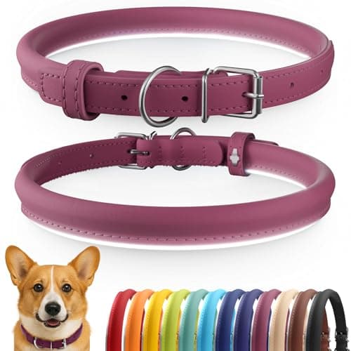 CollarDirect Rolled Leather Dog Collar, Soft Padded Round Puppy Collar, Handmade Genuine Leather Collar Dog Small Large Cat Collars (Pink Smooth, 30-35 cm)