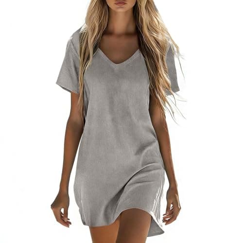 Cotton Linen Dress for Womens Summer V Neck Short Sleeve Sundress Casual Vacation T Shirt Dress Loose Fit Midi Dresses Gray