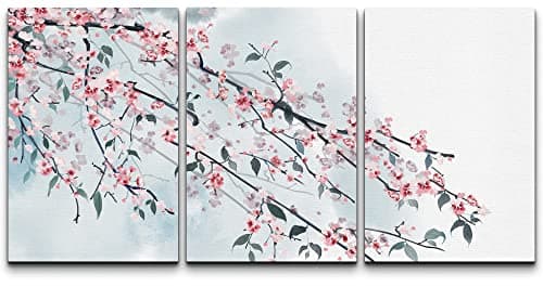wall26 - 3 Panel Canvas Wall Art - Ink Painting Style Pink Cherry Blossom on The Branch - Giclee Print Gallery Wrap Modern Home Art Ready to Hang - 16"x24" x 3 Panels