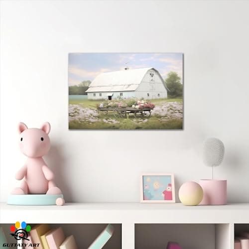 Spring Farmhouse Wall Art, Country Barn and Flowers Picture Canvas Wall Art, White Barn Pictures Wall Art, Vibrant Spring Countryside Picture Prints for Farmhouse Living Room Wall Decor 12x18 Inches