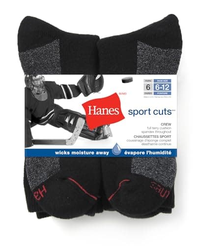 Hanes Mens 6pk Sport Cuts Crew Sock, Black, 6-12 US