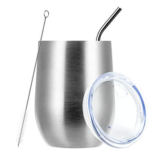MEWAY Stemless 12oz Wine Tumbler Glasses with Lid -Insulated Double Wall Vacuum Stainless Steel Travel Tumbler with Straw,Gift for Woman Under 10 Dollars (Silver,1)