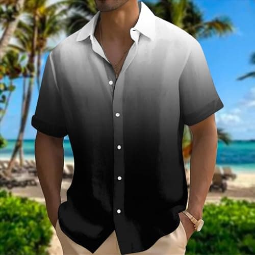 Mens Button Up Shirts Short Sleeve, Hawaiian Shirts Short Sleeve: Down Casual Gradient Print Summer Beach Shirts Tropical Resort Wear Dress Shirt Slim Fit Flannel (3XL, Black)