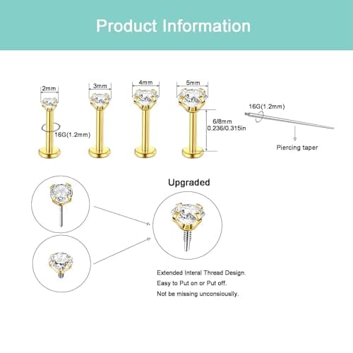 QXXPVV 16G Flat Back Earrings Stud Stainless Steel Extended Internally Thread Tragus Labret Nose Cartilage Lip Medusa Conch Body Piercing Jewelry Hypoallergenic for Women Men(4pairs 16G Silver 6mm)
