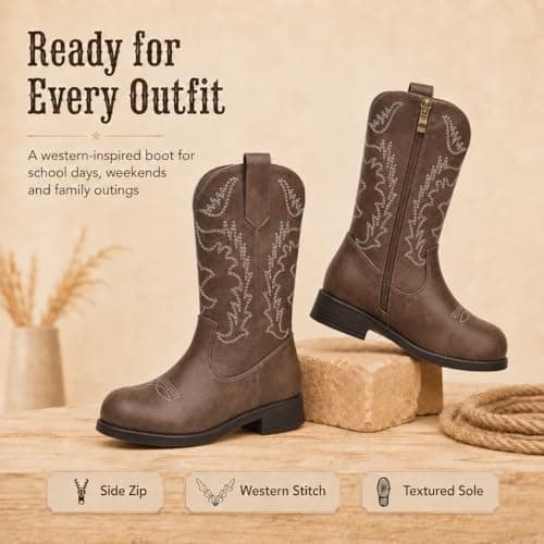 Kids Cowboy Boots Cowgirl Boots For Girls & Boys, Dark Brown Western Cowboy Boots With Side Zipper, Pu Leather Round Toe Little Kid Boots