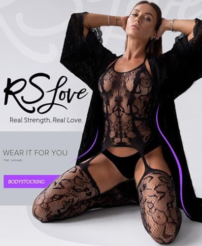 RSLOVE Women Fishnet Bodystocking Attached Stockings Sexy Lingerie Crotchless Bodysuit One Piece Babydoll One Size Black