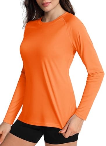 Boladeci Womens Workout Tops Long Sleeve Summer Shirts SPF Sun Protection Clothing Active Wear Hiking Running Gym Swimwear Orange Tshirt XS Rash Guard