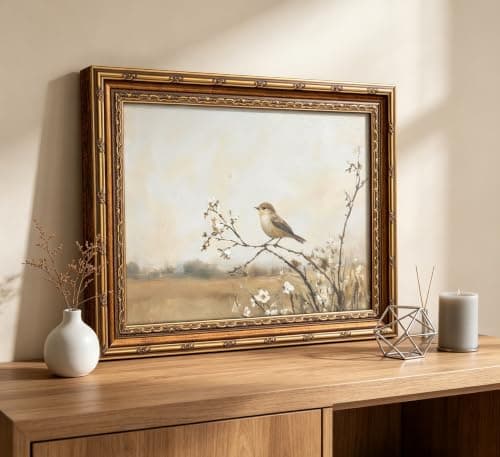 Vintage Gold Framed Bird Wall Art Spring Songbird on Floral Branch Painting Canvas Rustic Nature Woodland Picture Wall Decor Muted Farmhouse Print Artwork For Living Room Bedroom Entryway