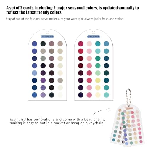 Ultimate 12 Season Color Analysis Template Cards (Set of 2),Portable Color Matching Guide for Outfits & Makeup,Scratch-Proof Double-Sided Palette with 60+ Color & Bead Ball Chains (Soft Summer)