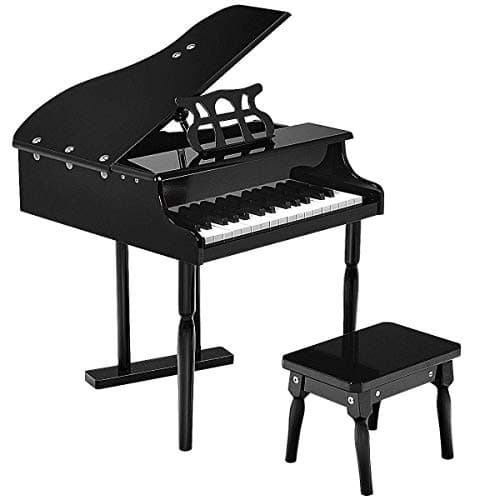 Goplus 30-Key Classical Kids Piano, Mini Grand Piano Wooden Learn-to-Play Musical Instrument Toy with Bench, Piano Lid, Music Rack, Gift for Boys Girls Aged 2+ Baby Toddler(3 Straight Leg-Black)