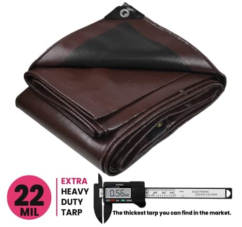 PROTARP Extreme Heavy Duty 22 Mil Tarp Cover, Waterproof, UV Resistant, Rip and Tear Proof, Poly Tarpaulin with Reinforced Edges for Roof, Camping, Patio, Pool, Boat. (Brown/Black 10′ X 12′)