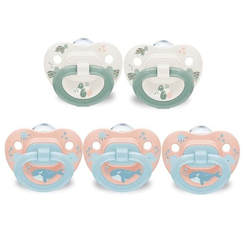 NUK First Choice Classic Orthodontic Baby Pacifier, 18-36 Months Toddler Pacifier, Blue & Orange, Baby Must Haves, 5-Pack