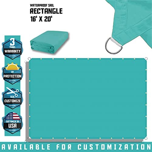 TANG 16' x 20' Waterproof Shade Cloth with Grommets, Sun Shade Sail Rectangle Straight Side, 260 GSM UV Block Fabric Patio Canopy for Deck Carport Backyard Pergola Cover, Turquoise