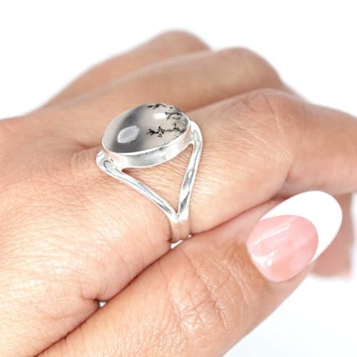 JEWELOPORIUM Gray Dendrite Opal Silver Ring Size 9, 925 Sterling Silver Ring for Women, Real Oval Gemstone Handmade Jewelry