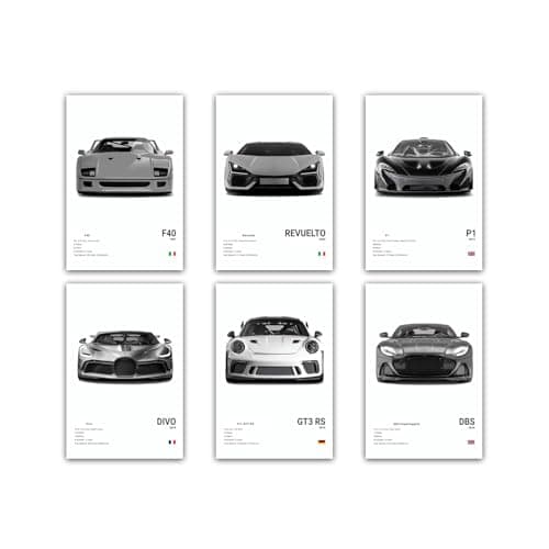6Pcs Black & White Sports Car Posters Supercar Canvas Prints 8x12 Unframed