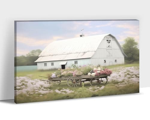 Spring Farmhouse Wall Art, Country Barn and Flowers Picture Canvas Wall Art, White Barn Pictures Wall Art, Vibrant Spring Countryside Picture Prints for Farmhouse Living Room Wall Decor 12x18 Inches