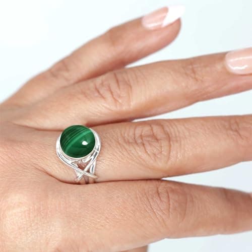 JEWELOPORIUM Green Malachite Silver Ring Size 13, 925 Sterling Silver Ring for Women, Real Round Gemstone Boho Jewelry