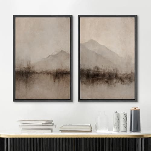 MUDECOR Framed Canvas Print Wall Art Set Abstract Mountain Landscape Soft Earth Tones Illustrations Modern Art Decorative Calm/Zen for Living Room, Bedroom, Office - 24"x36"x2 Black