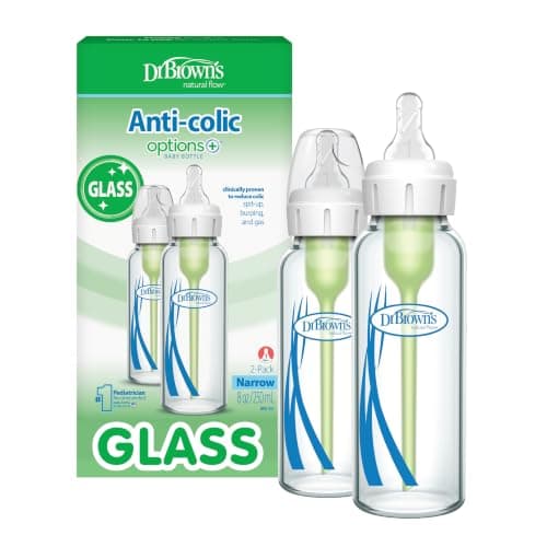 Dr. Brown’s Natural Flow Anti-Colic Options+ Narrow Glass Baby Bottles, 8oz, 2-Pack