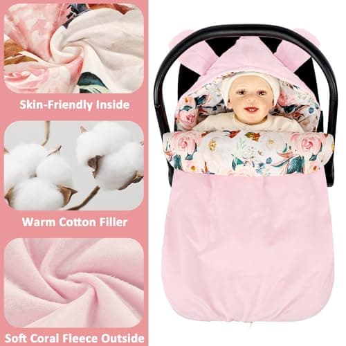 DILIMI Baby Car Seat Cover Winter, Warm & Cozy Baby Bunting Bag, Infant Carrier Cover for Girls and Boys, Pink Floral