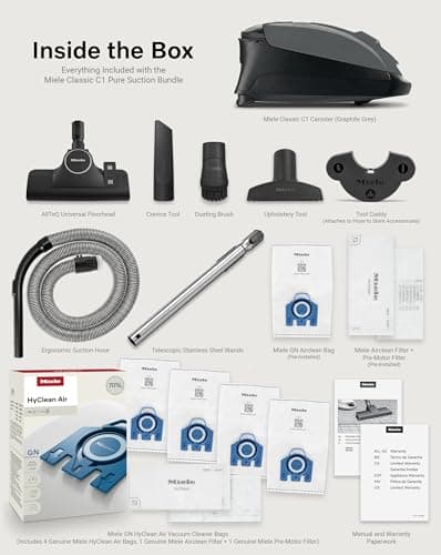 Miele Classic C1 Pure Suction Bagged Canister Vacuum, Graphite Grey - Portable, Household w/AllTeQ Universal Floorhead Bundle - Includes 4 GN FilterBags + AirClean Filter and Pre-Motor Filter