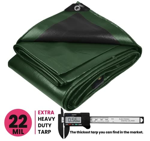 PROTARP Extreme Heavy Duty 22 Mil Tarp Cover, Waterproof, UV Resistant, Rip and Tear Proof, Poly Tarpaulin with Reinforced Edges for Roof, Camping, Patio, Pool, Boat. (Green/Black 12′ X 20′)