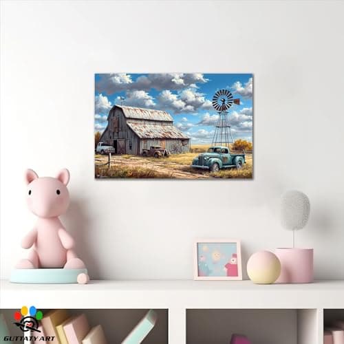 Farmhouse Prints Wall Art, Vintage Barn and Old Truck Picture Canvas Wall Art, Retro Windmill Canvas Prints, Country Rustic Landscape Picture for Farmhouse Living Room, Bedroom Wall Decor 12x18 Inches