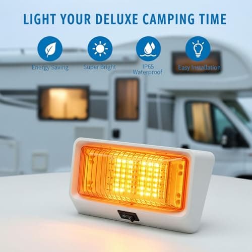 LED RV Exterior Porch Light with Switch, 12V Utility Lighting Fixture, 320 Lumen – Replacement Lamp for RVs, Trailers, Campers & 5th Wheels – White Base with Clear & Amber Lenses