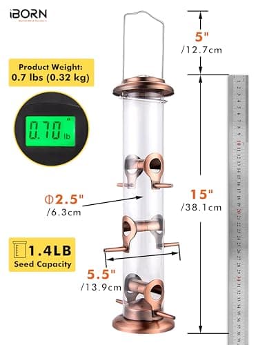 iBorn Metal Bird Feeders Brushed Copper Wild Bird Feeder for Outdoors Hanging All Metal Brushed Copper Finishing 15 Inch 6 Port,Pack of 1(Seed is not Included)
