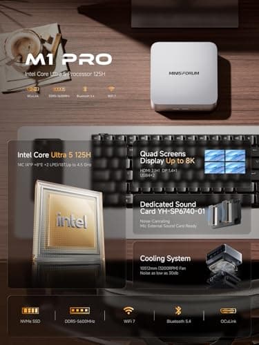 MINISFORUM M1 Pro-125H Mini PC Intel Core Ultra 5 125H (14C/18T, Up to 4.5Ghz), 32GB DDR5 1TB SSD, Mini Computers HDMI2.1/DP1.4/2xUSB4 Quad Display, 2.5G LAN, OCuLink, Dual Speaker/DMIC, WiFi 7, BT5.4