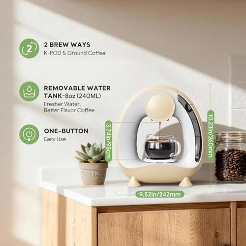 Single Serve Coffee Maker 2 in 1, 1400W Fast Brewer for K-Cup Pods & Ground Coffee, One-Touch Americano & Tea Machine with 2 Reusable Filters, Compact Design for Home Office RV Dorm