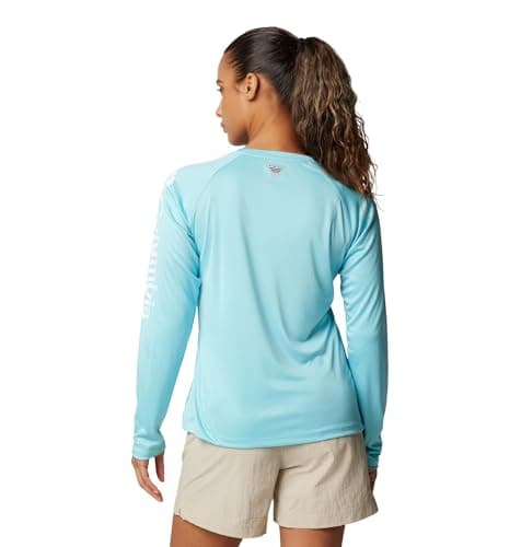 Columbia Womens PFG Tidal Tee II Long Sleeve Sun Protection Shirt, Clear Blue/White Logo, Medium