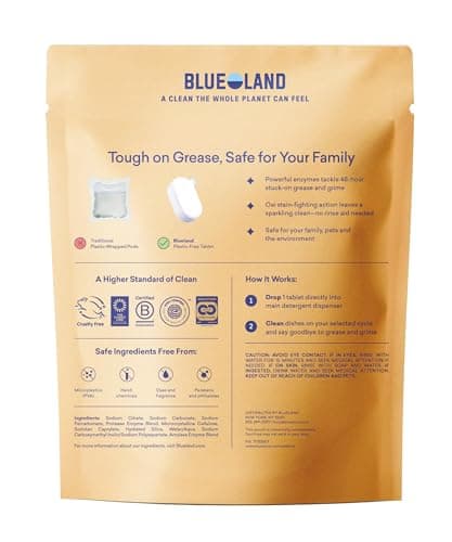 BLUELAND 100% Plastic-Free Dishwasher Detergent Tablets, 60 Count, Free & Clear, Eco-Friendly Dishwashing Pods, Cuts Grease & Stuck on Food, Rinses Clean for Streak-Free Shine
