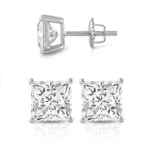 Everyday Elegance Solid 14K White Gold Cubic Zirconia Earrings for Women in Princess Cut | Screw Back Earring | 3 CTW CZ | With Gift Box