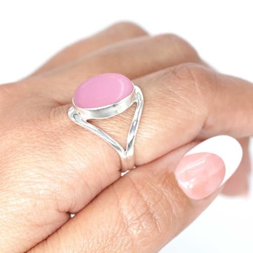 JEWELOPORIUM Pink Rose Quartz Silver Ring Size 10, 925 Sterling Silver Ring for Women, Oval Stone Handmade Jewelry