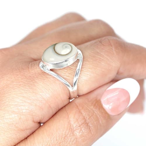 JEWELOPORIUM White Shiva Eye Silver Ring Size 9, 925 Sterling Silver Ring for Women, Natural Oval Stone Handmade Jewelry